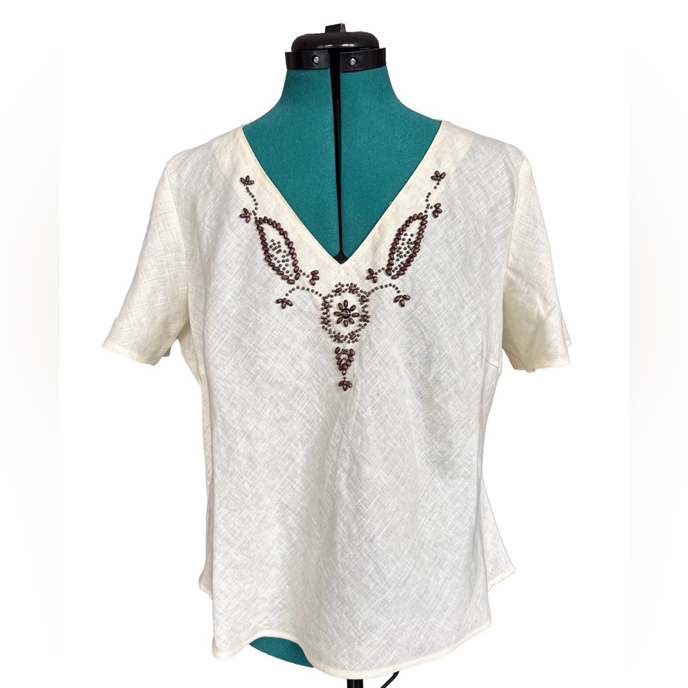 Edward Women’s Beaded Ivory Short Sleeved Top  100% Irish Linen Sz M